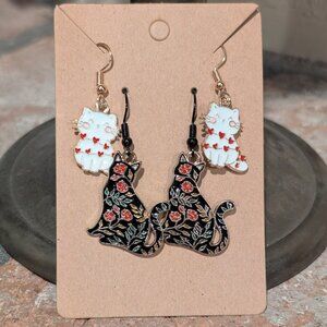 🎀 Cat Earrings Bundle (2 Pairs) | White Heart Kitty + Floral Black Cat